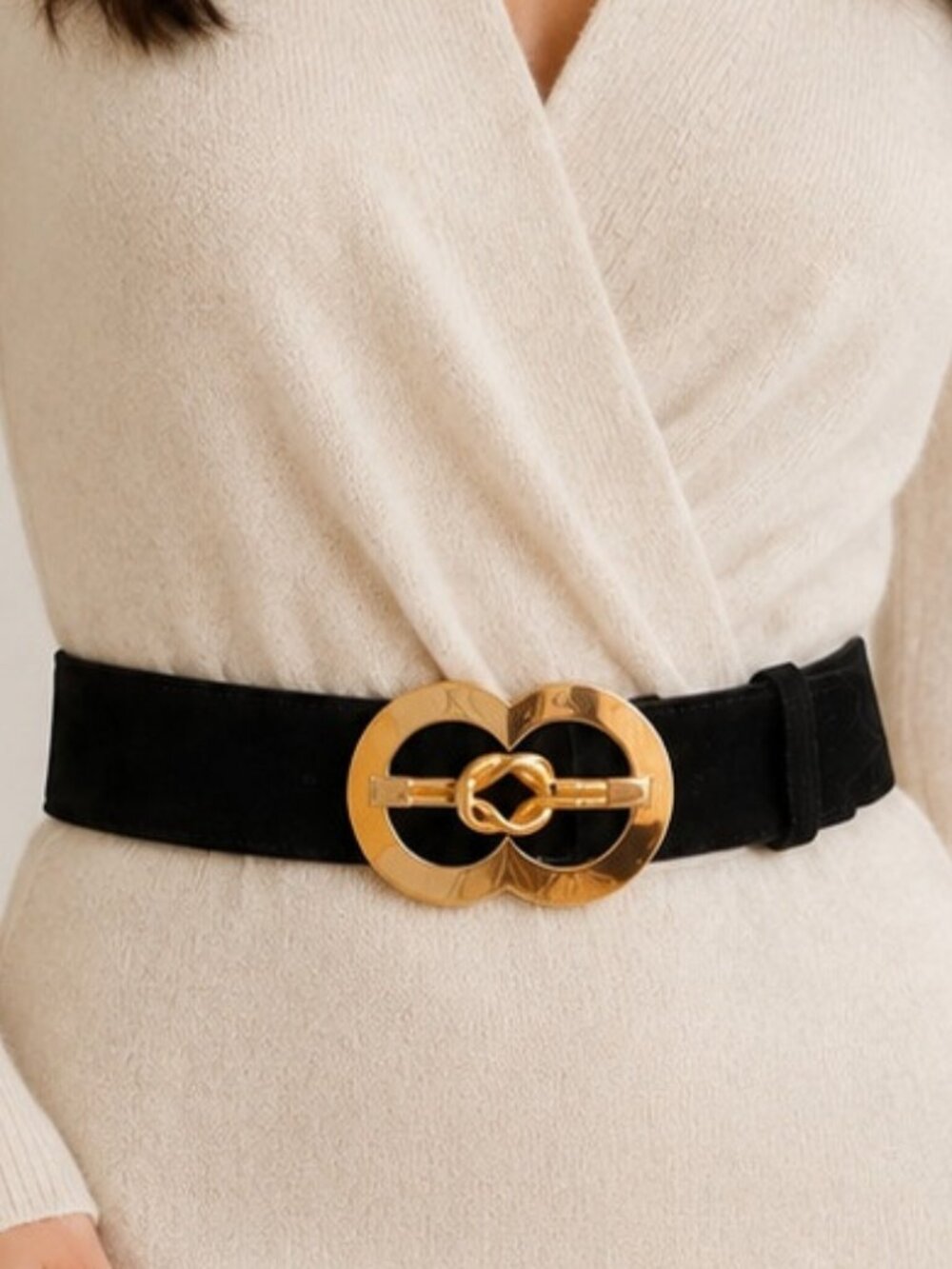 Lord & Taylor Black Suede Genuine Leather Gold Statement Belt Size L Made Italy